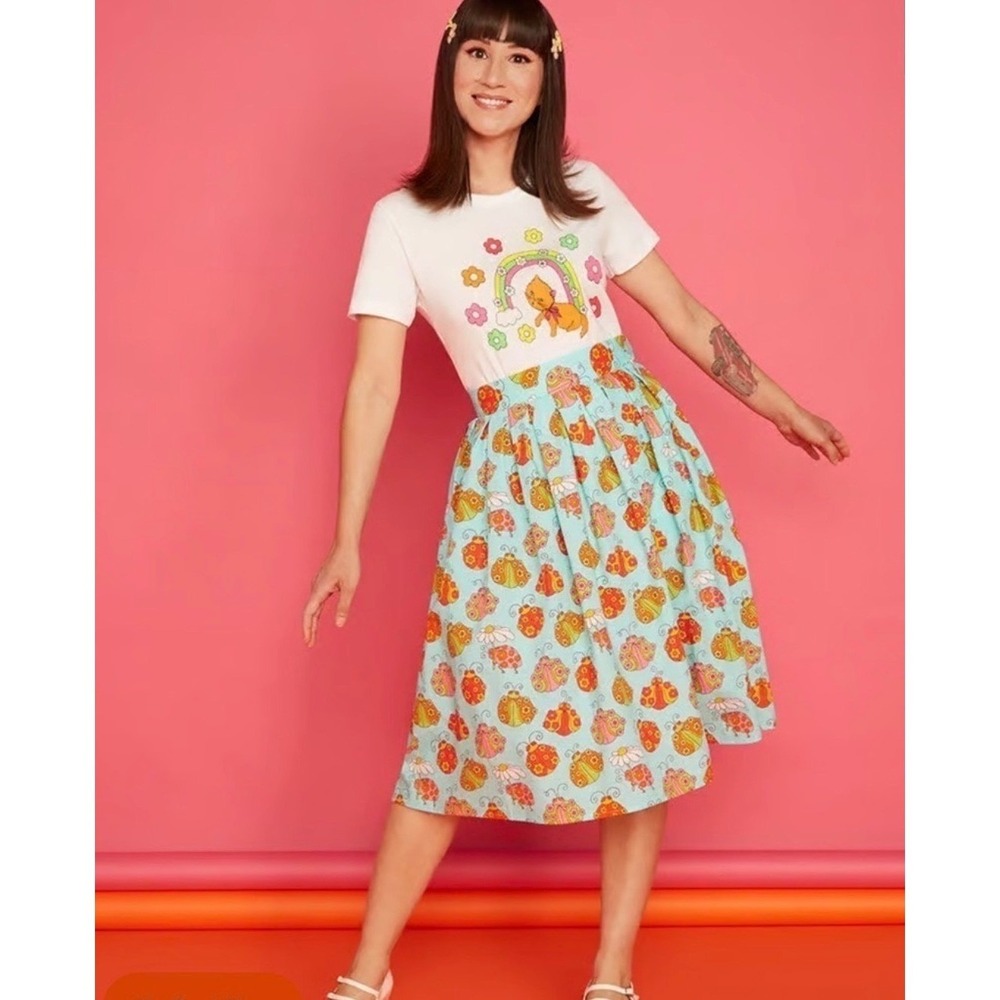 ModCloth Ladybug Print Midi Skirt Womens Size 8 Blue Cotton Pleated MSW0844 New